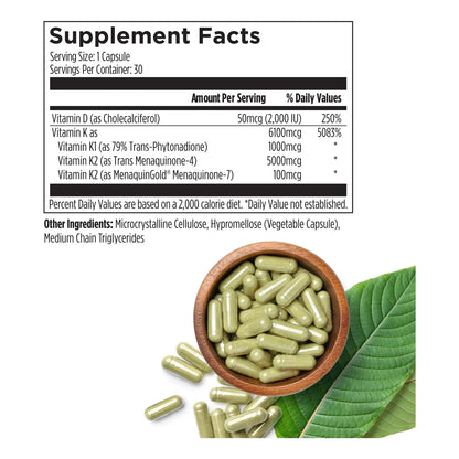Vitamina D3 2000 Ui Con K1 Y K2 30 Cápsulas Huesos Fuertes E Inmunidad