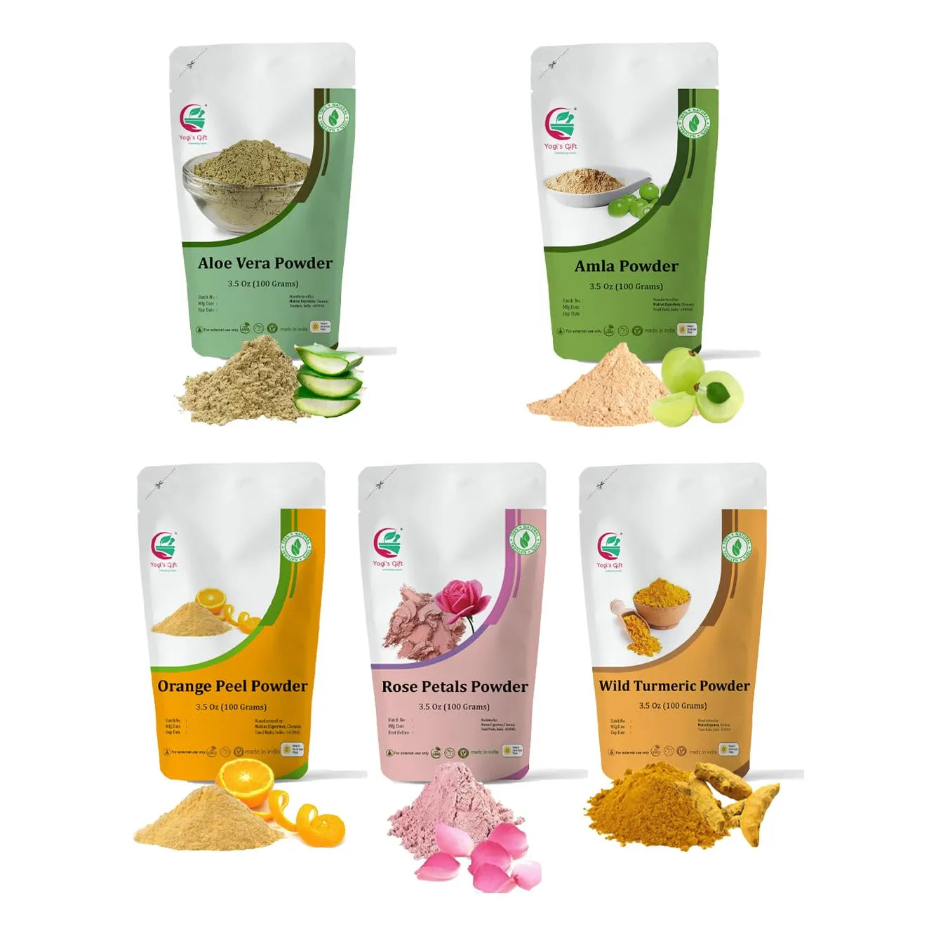 Set 5 Polvos Ayurvédicos Cuidado Facial Aloe Vera Amla Cáscara Naranja Rosa Cúrcuma