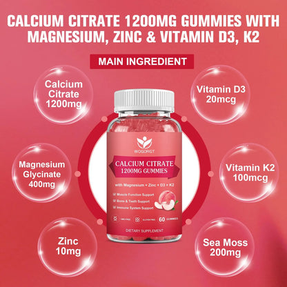 Gomitas Citrato Calcio 1200 Mg Con Vitamina D3 K2 Magnesio Zinc Sabor Melocotón