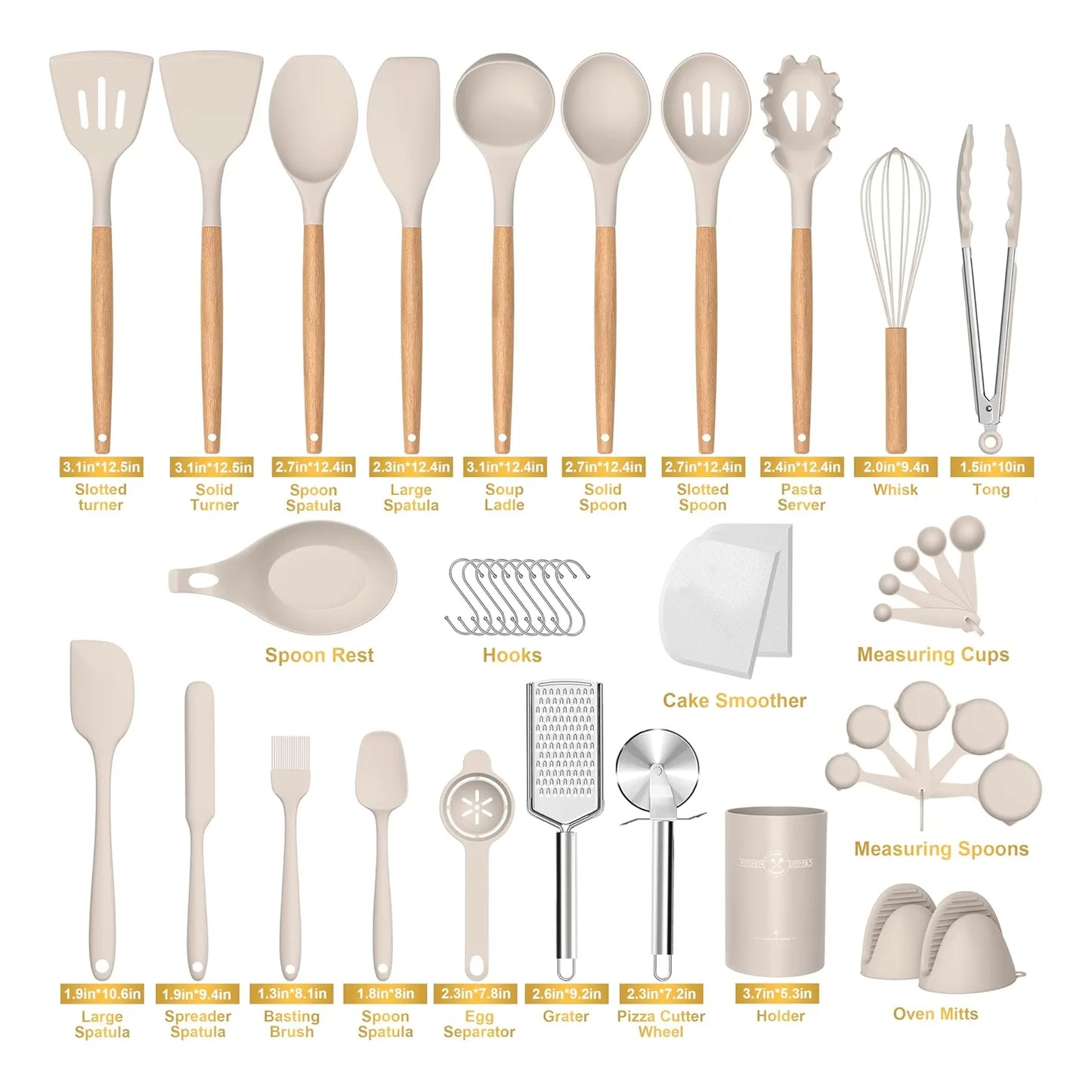 Juego De Utensilios Cocina Silicona 43 Piezas Antiadherentes Mangos Madera Resistente Al Calor