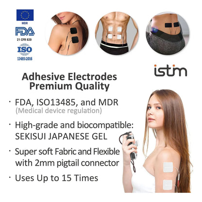 Masajeador EMS iStim Con Electrodos 5x5 Cm Gel Japonés Alivio Muscular Profesional