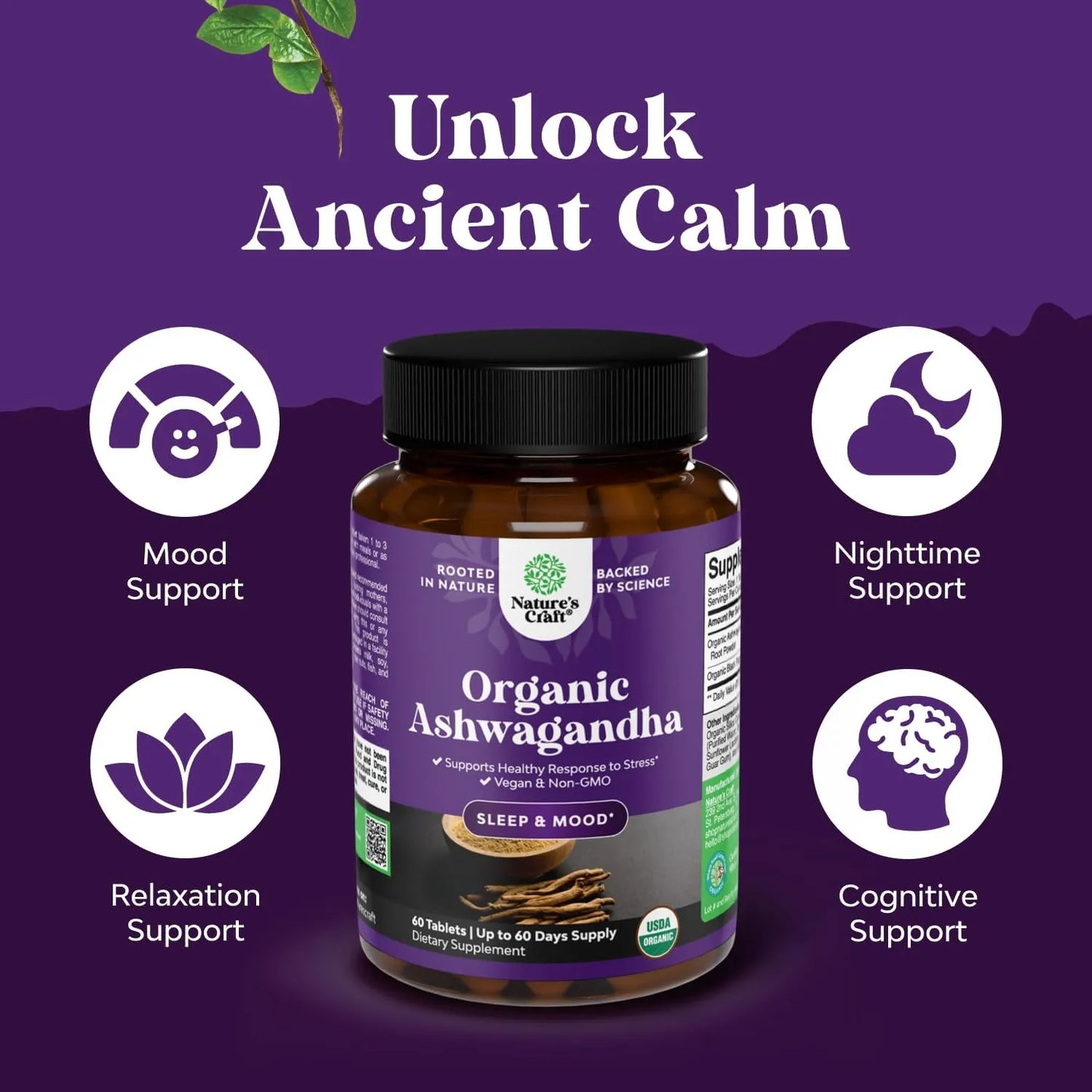 Ashwagandha Orgánica Con Pimienta Negra 60 Tabletas Soporte Anímico Y Energía