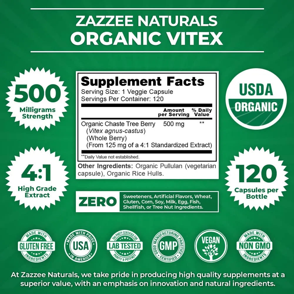 Vitex Organico 500 Mg 120 Capsulas Extracto 4x Estandarizado Fertilidad Hormonal