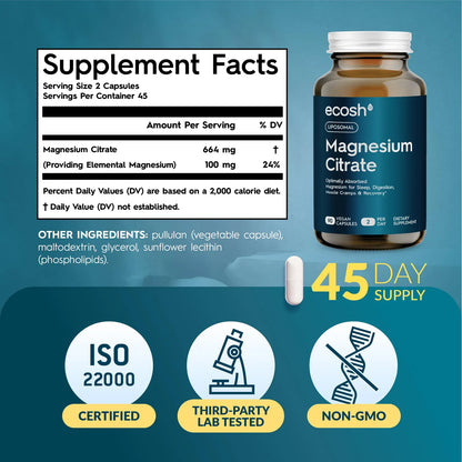 Cápsulas Liposomales De Citrato De Magnesio Alta Absorción Para Sueño Y Calambres