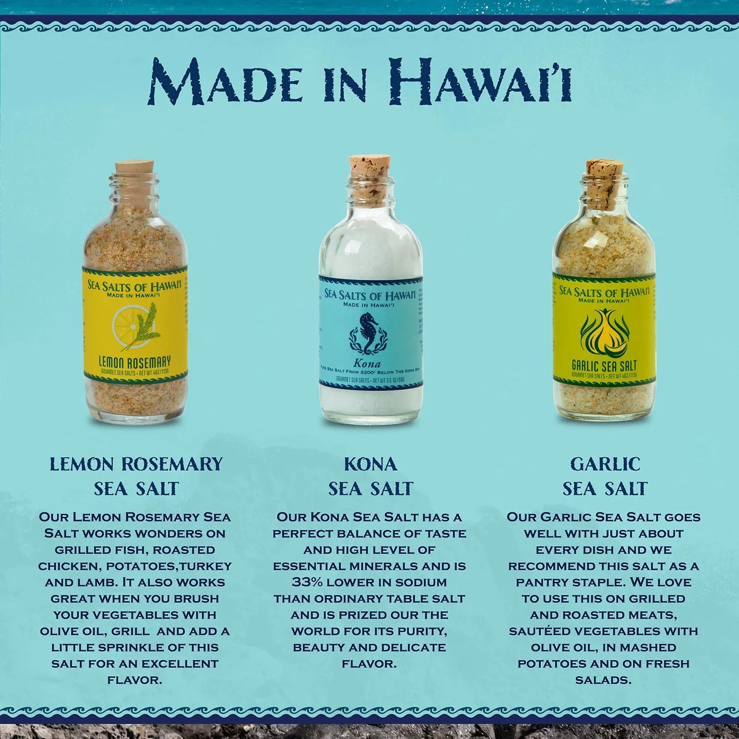 Sal Hawaiana Pura De Kona Ajo Asado Limón Romero Paquete De 3 Sabores
