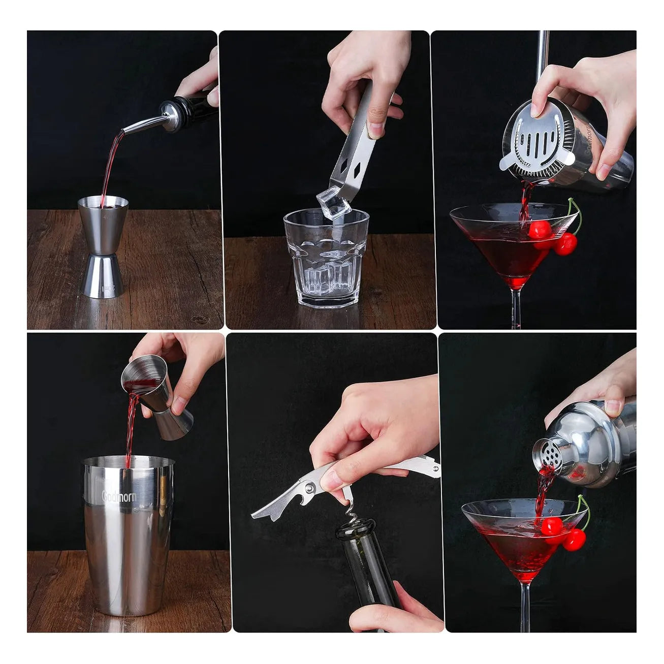 Kit De Cocteleria 15 Piezas Con Soporte Bambu Y Libro Recetas Acero Inoxidable