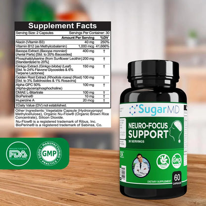Suplemento Cerebral Bacopa Ginkgo Bioperina 60 Caps Memoria Enfoque