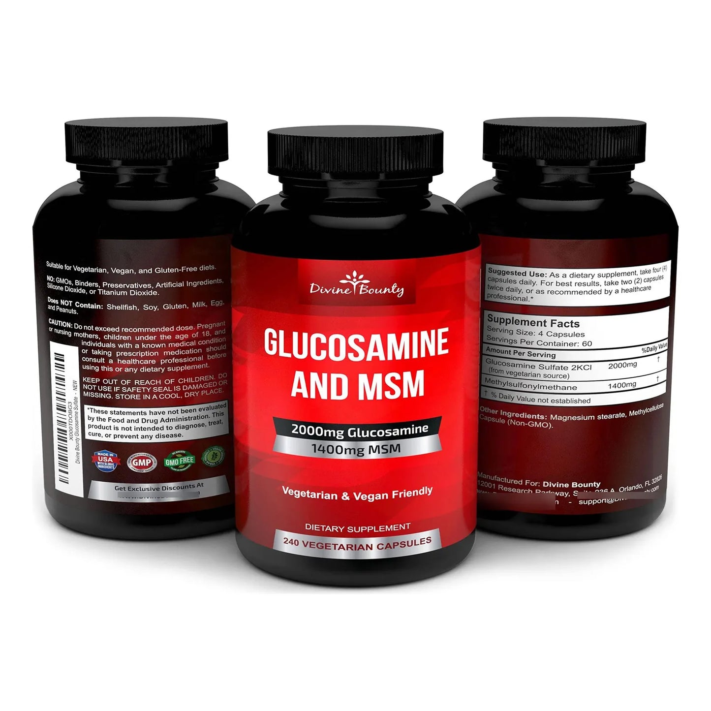 Suplemento De Glucosamina Y MSM 240 Cápsulas Pequeñas Veganas Sin Alérgenos