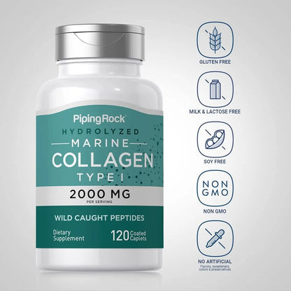 Péptidos De Colágeno Marino 2000 Mg 120 Comprimidos Piping Rock Tipo 1 Hidrolizado Sin OMG