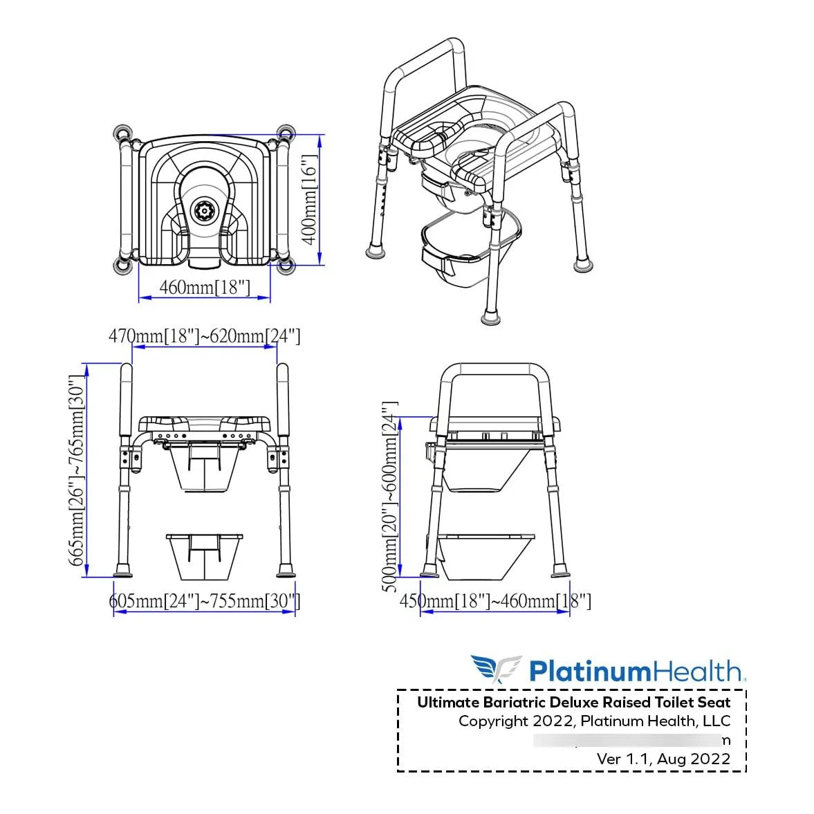 Asiento De Inodoro Elevado Bariátrico Acolchado Ajustable Con Reposabrazos