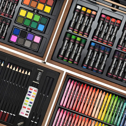 Juego De Arte De Lujo 145 Piezas Caja Madera Kit Dibujo Y Pintura Completo