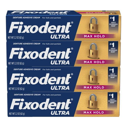 Fixodent Ultra Max Hold Secure Crema Adhesiva Para Dentaduras Postizas 4 Unidades 2.2 Onzas
