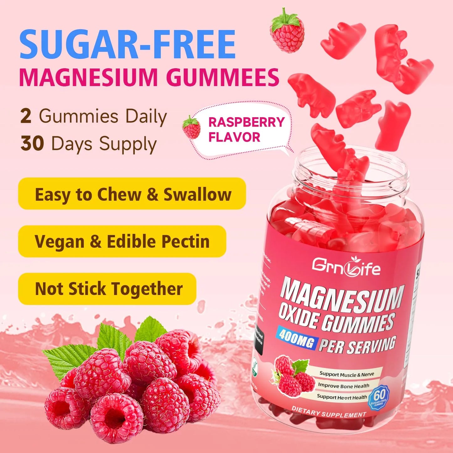 Gomitas Masticables De Óxido De Magnesio 400 Mg Sabor Frambuesa Vegano 60 Unidades