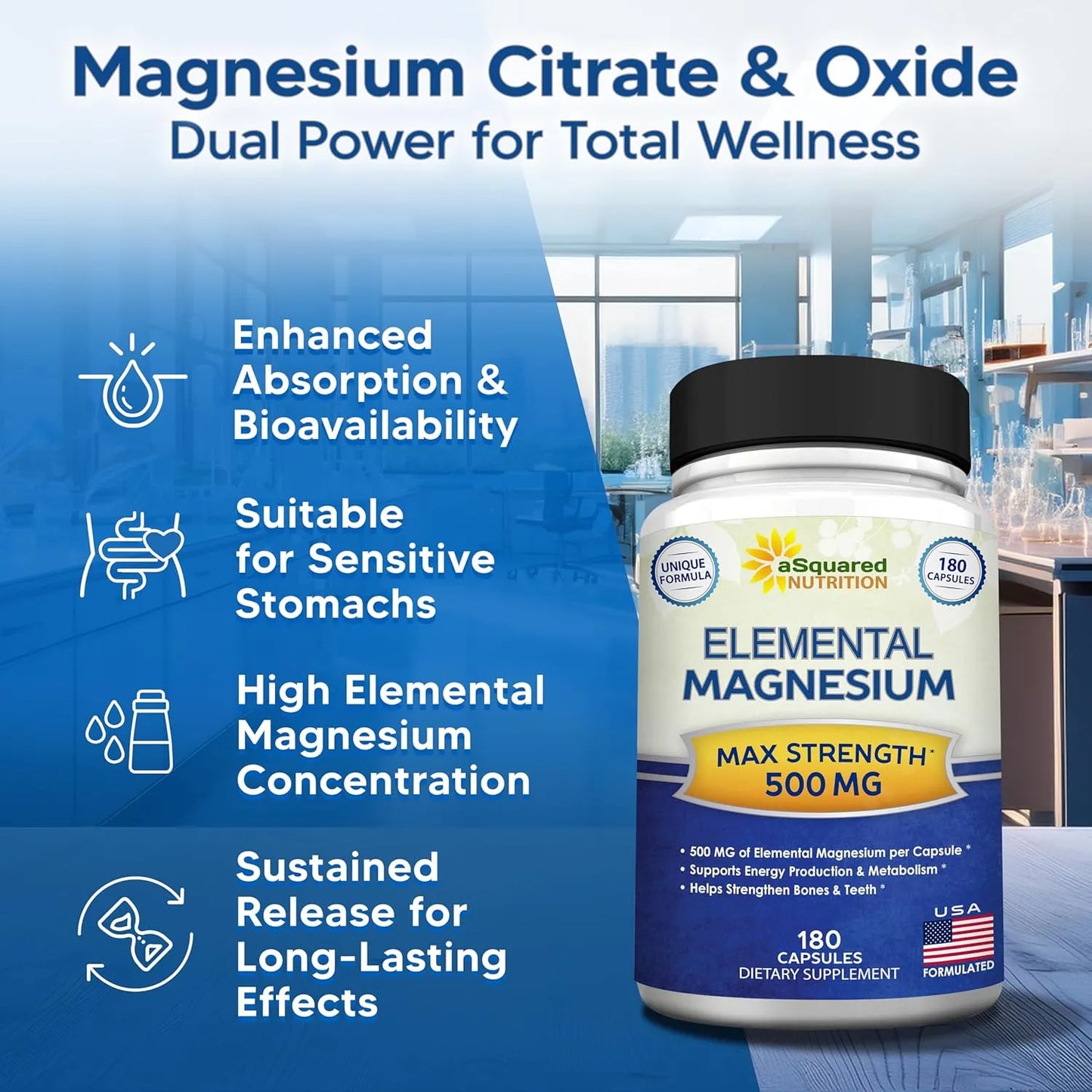 Capsulas De Magnesio Elemental 500 Mg Citrato Y Oxido 180 Unidades aSquared Nutrition