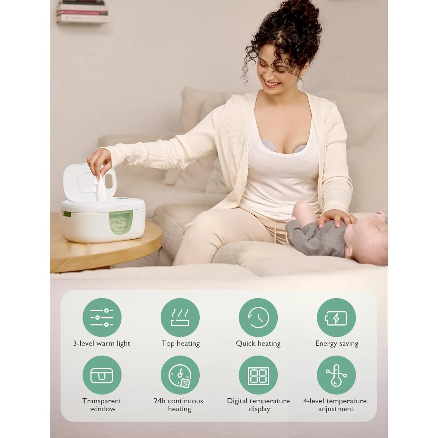 Calentador De Toallitas Bebé Momcozy Dispensador Gran Capacidad 4 Temperaturas