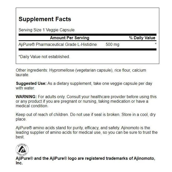 L-Histidina Ajipure 500 Mg 60 Cápsulas Vegetales Paquete Doble