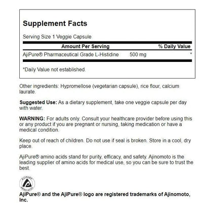 L-Histidina Ajipure 500 Mg 60 Cápsulas Vegetales Paquete Doble