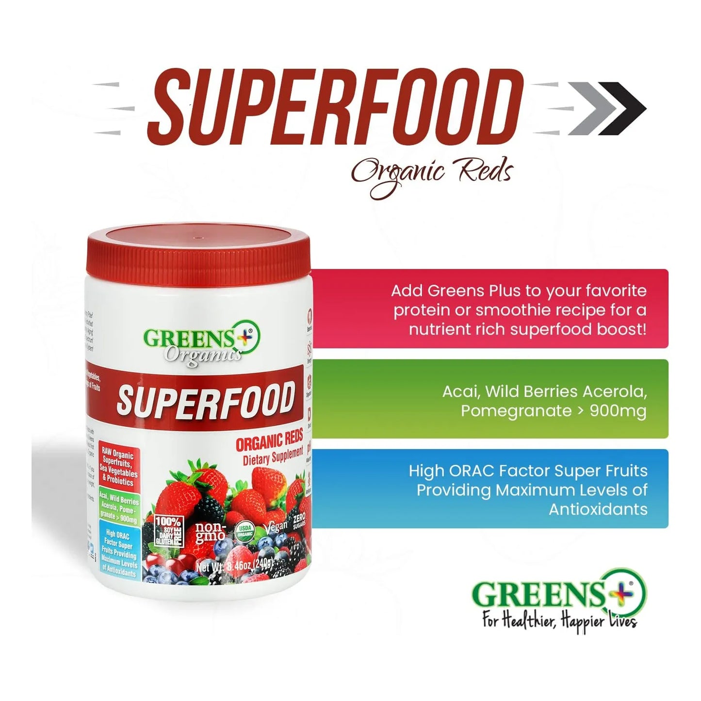 Polvo Orgánico De Superalimentos Rojos Energizante Con Superfrutas Y Verduras Marinas 8.46 Onzas