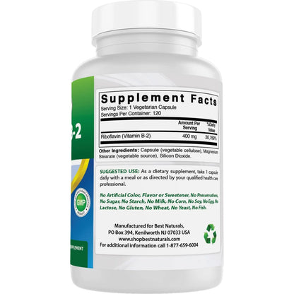 Vitamina B2 400 Mg Cápsulas Vegetales Alivio Migrañas 120 Unidades