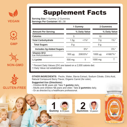 Gomitas De L-lisina 1000mg Y Vitamina B12 1000mcg Veganas Sin Gluten