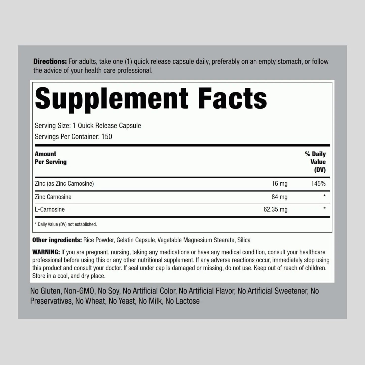 Zinc Y Carnosina 84 Mg 150 Capsulas Suplemento Alimenticio Sin Gluten