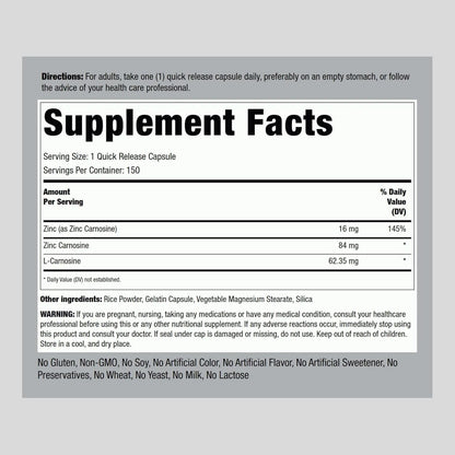 Zinc Y Carnosina 84 Mg 150 Capsulas Suplemento Alimenticio Sin Gluten