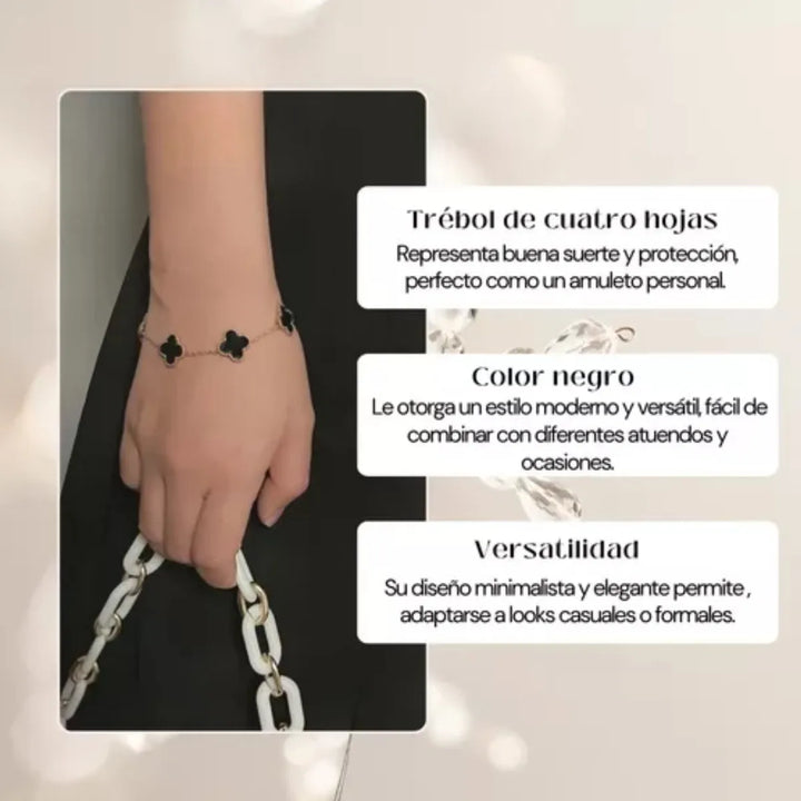 Elegante Pulsera Negra Trébol Cuatro Hojas Regalo Joyeria - Imagen 9