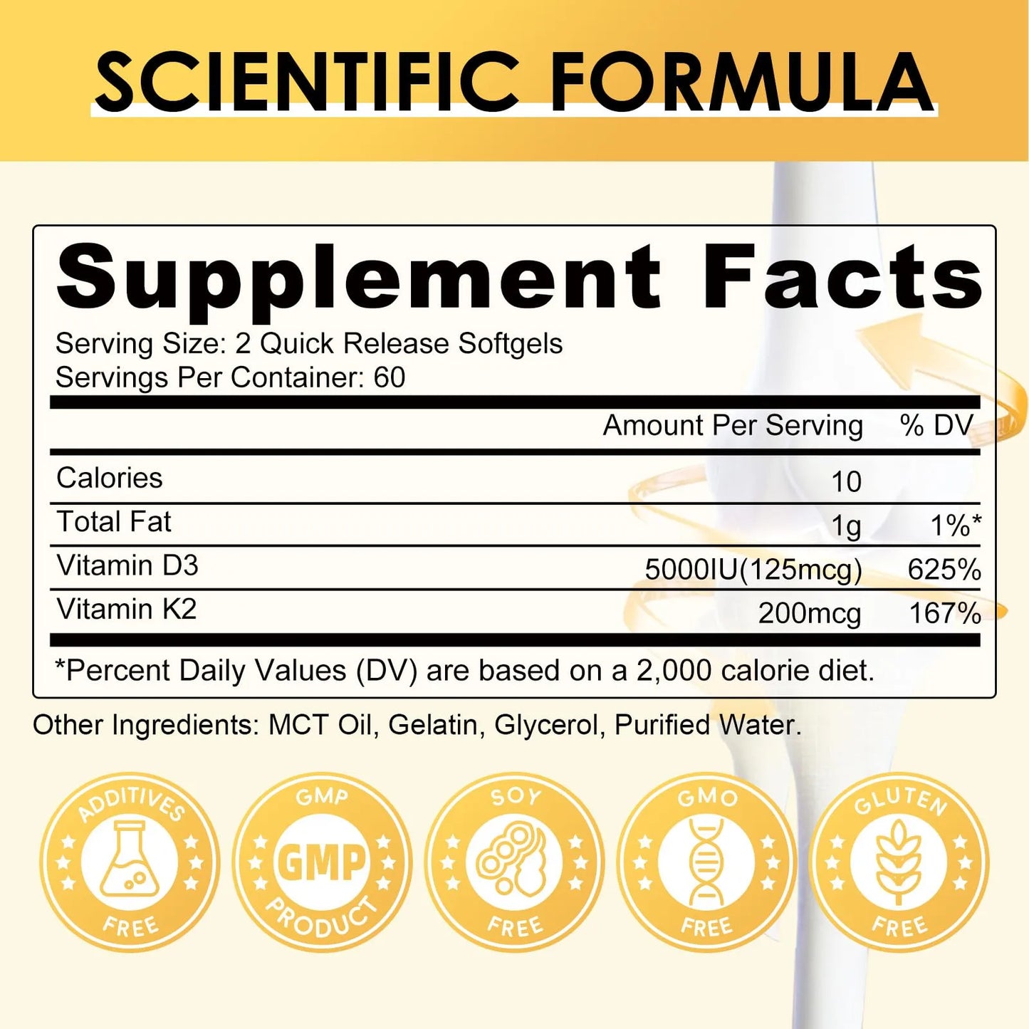 Suplemento Vitamina D3 K2 5000 Ui 200 Mcg Con Aceite De Coco 120 Cápsulas