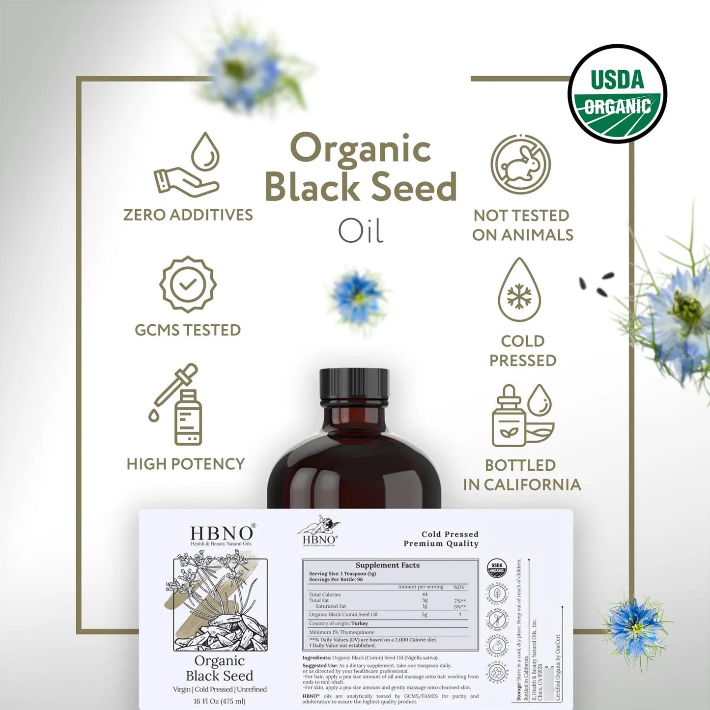 Aceite Organico De Semillas Negras 473 Ml Botella De Vidrio Prensado En Frio Certificado USDA