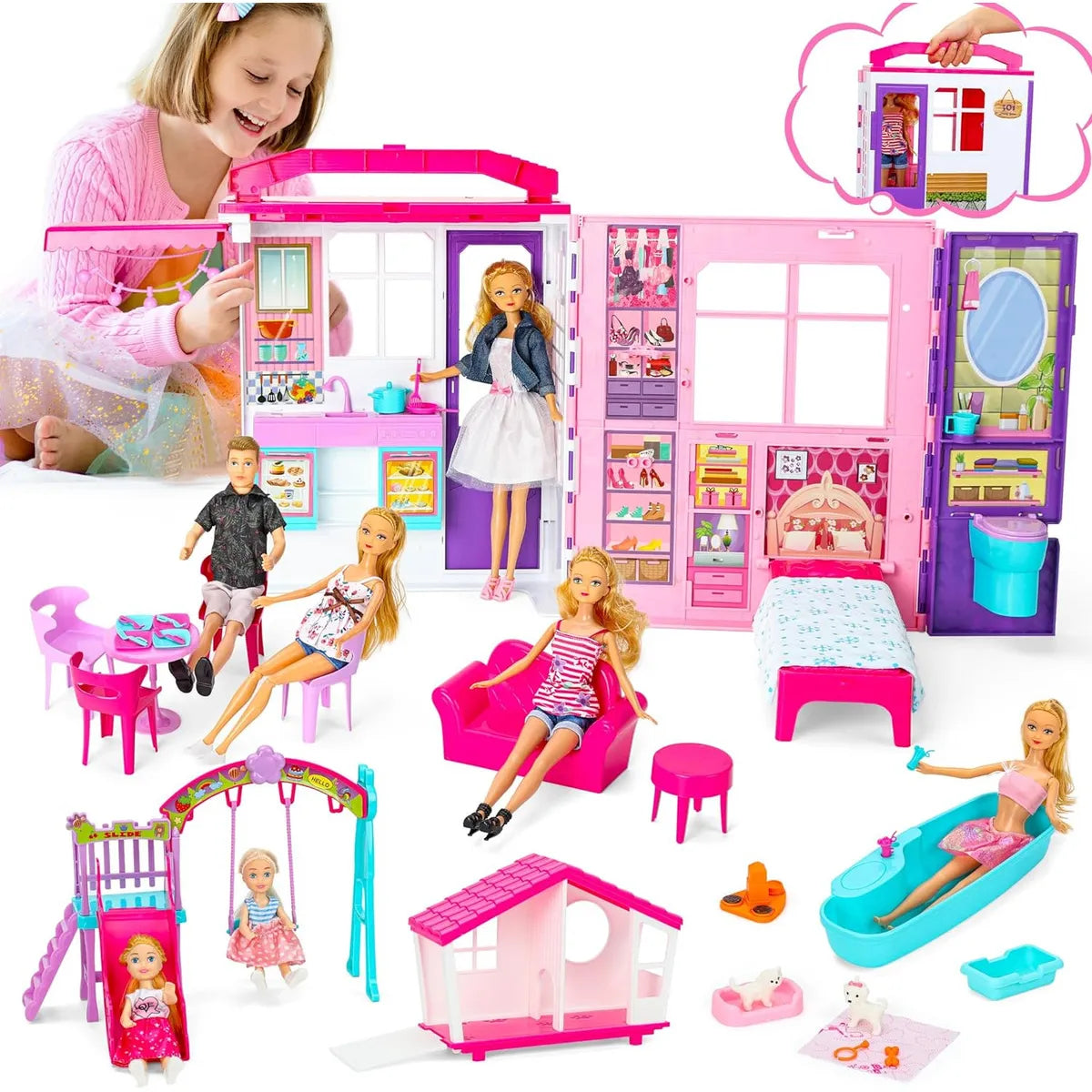 Casa De Muñecas Portátil Plegable 60 Cm Incluye 2 Muñecas Diversión Sin Límites
