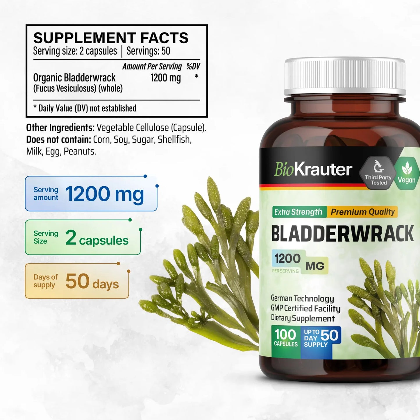 Cápsulas Bladderwrack De 1200 Mg 100 Unidades Fuente Natural De Yodo Veganas