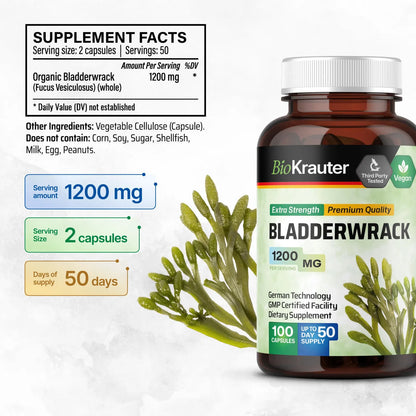 Cápsulas Bladderwrack De 1200 Mg 100 Unidades Fuente Natural De Yodo Veganas