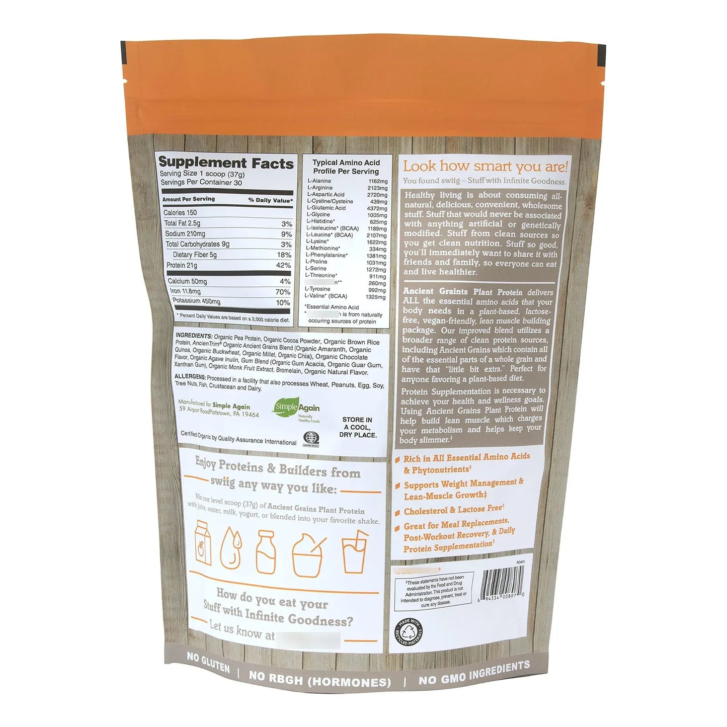 Proteína Vegetal Granos Antiguos Orgánicos Chocolate 27 Libras Energía Sostenible