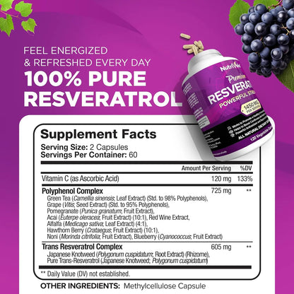Resveratrol 1450Mg Antioxidante Antienvejecimiento 120 Capsulas Nutrivein
