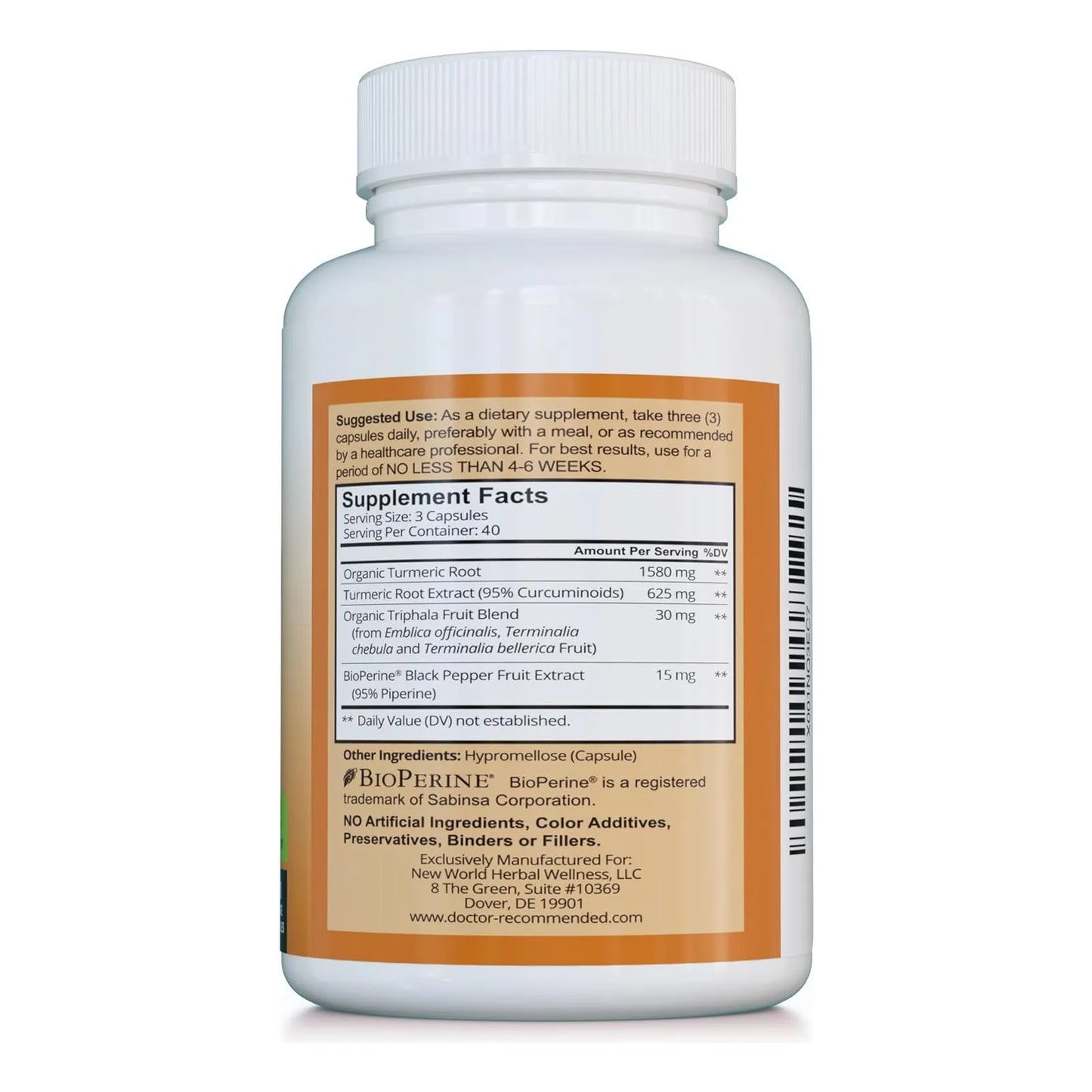 Cápsulas Vegetales De Curcumina 2250 Mg 95 Curcuminoides Con Bioperine Y Triphala