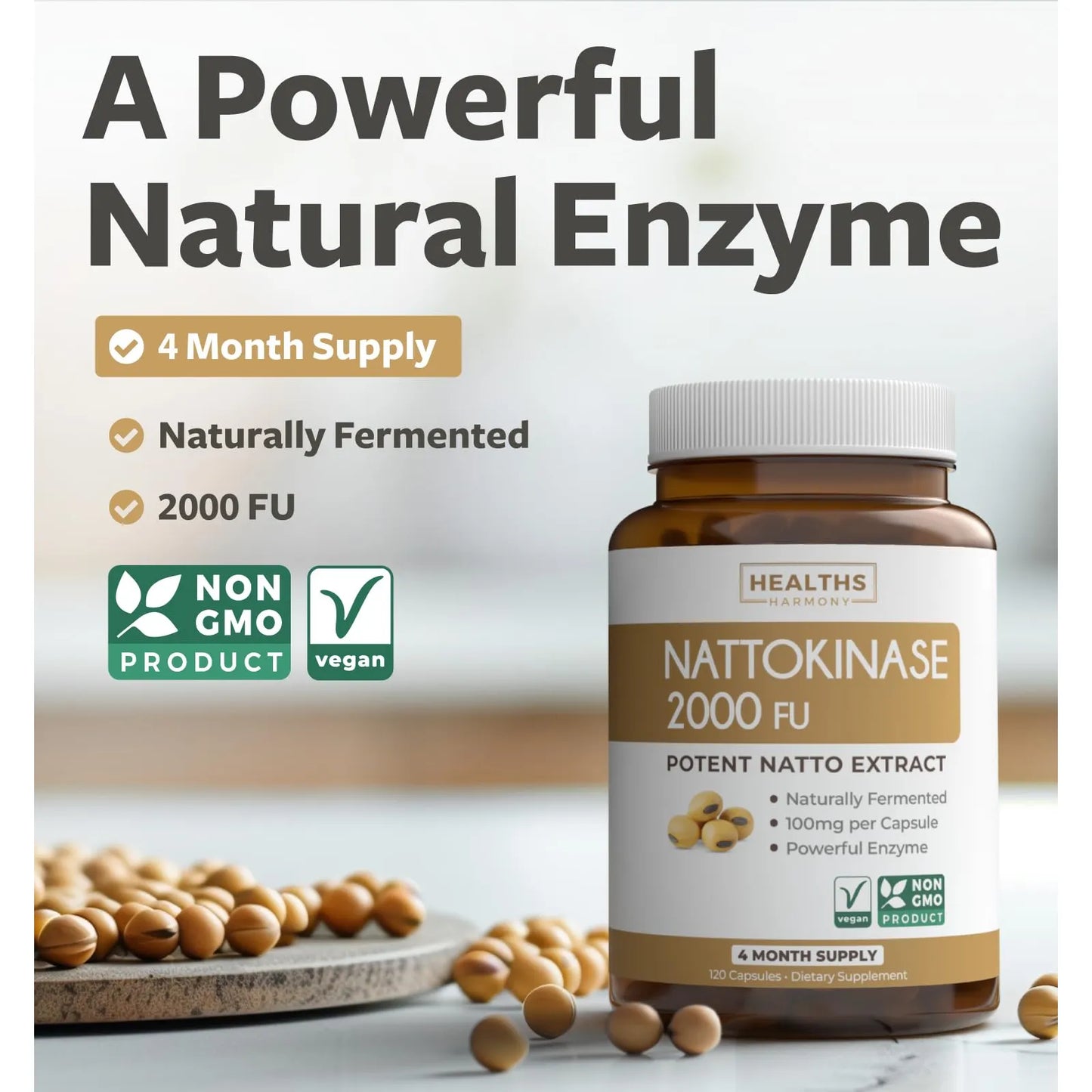 Nattokinase 2000 FU 120 Cápsulas Veganas Suplemento Cardíaco Healths Harmony