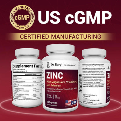 Dr Berg Zinc 30mg Con Magnesio Vitamina D3 Selenio Cobre Suplemento Inmunologico 60 Capsulas