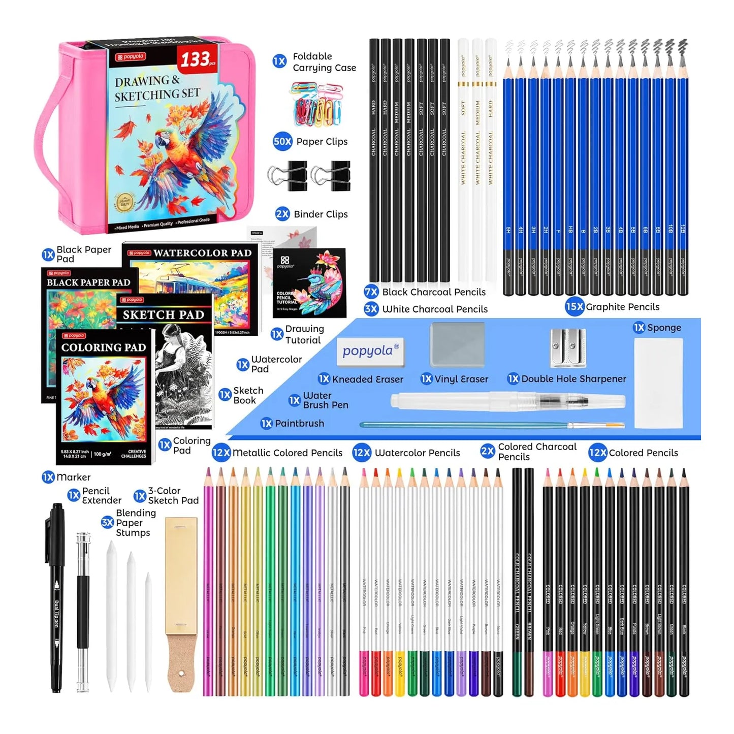 Kit De Dibujo Profesional 133 Piezas Con Cuaderno Y Accesorios Completo