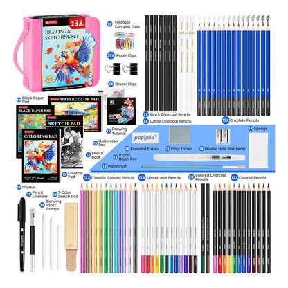 Kit De Dibujo Profesional 133 Piezas Con Cuaderno Y Accesorios Completo