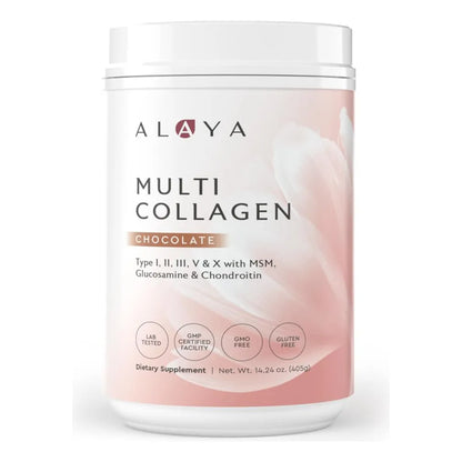 Alaya Polvo De Colágeno Hidrolizado Tipos I II III V X Con MSM Y GC Sabor Chocolate