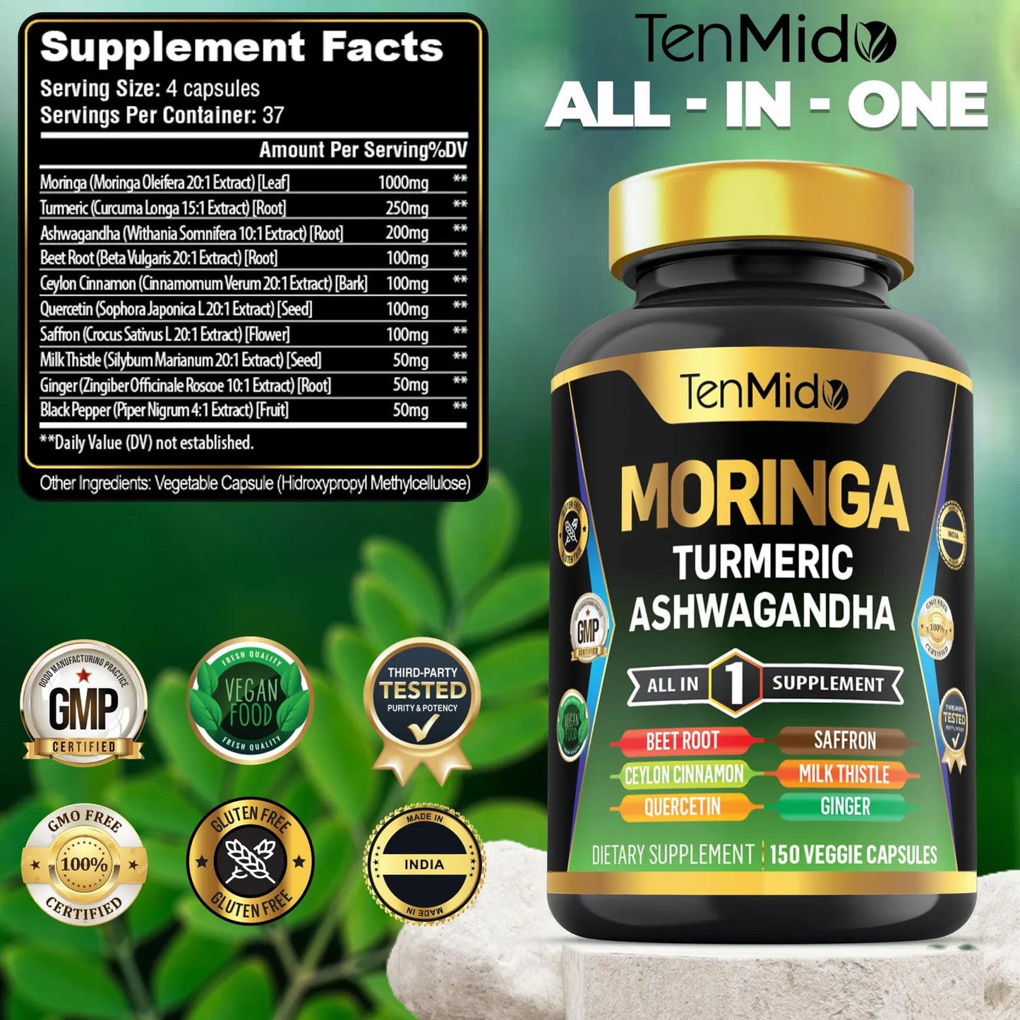 Suplemento Moringa Oleifera 10 En 1 Con Cúrcuma Y Ashwagandha Energía Y Salud