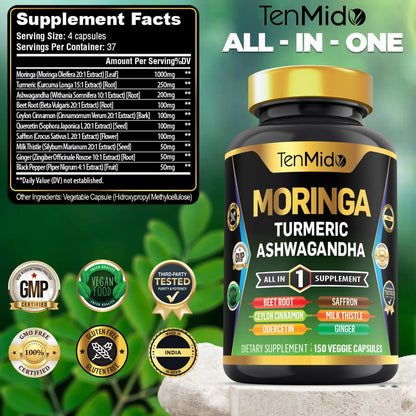 Suplemento Moringa Oleifera 10 En 1 Con Cúrcuma Y Ashwagandha Energía Y Salud