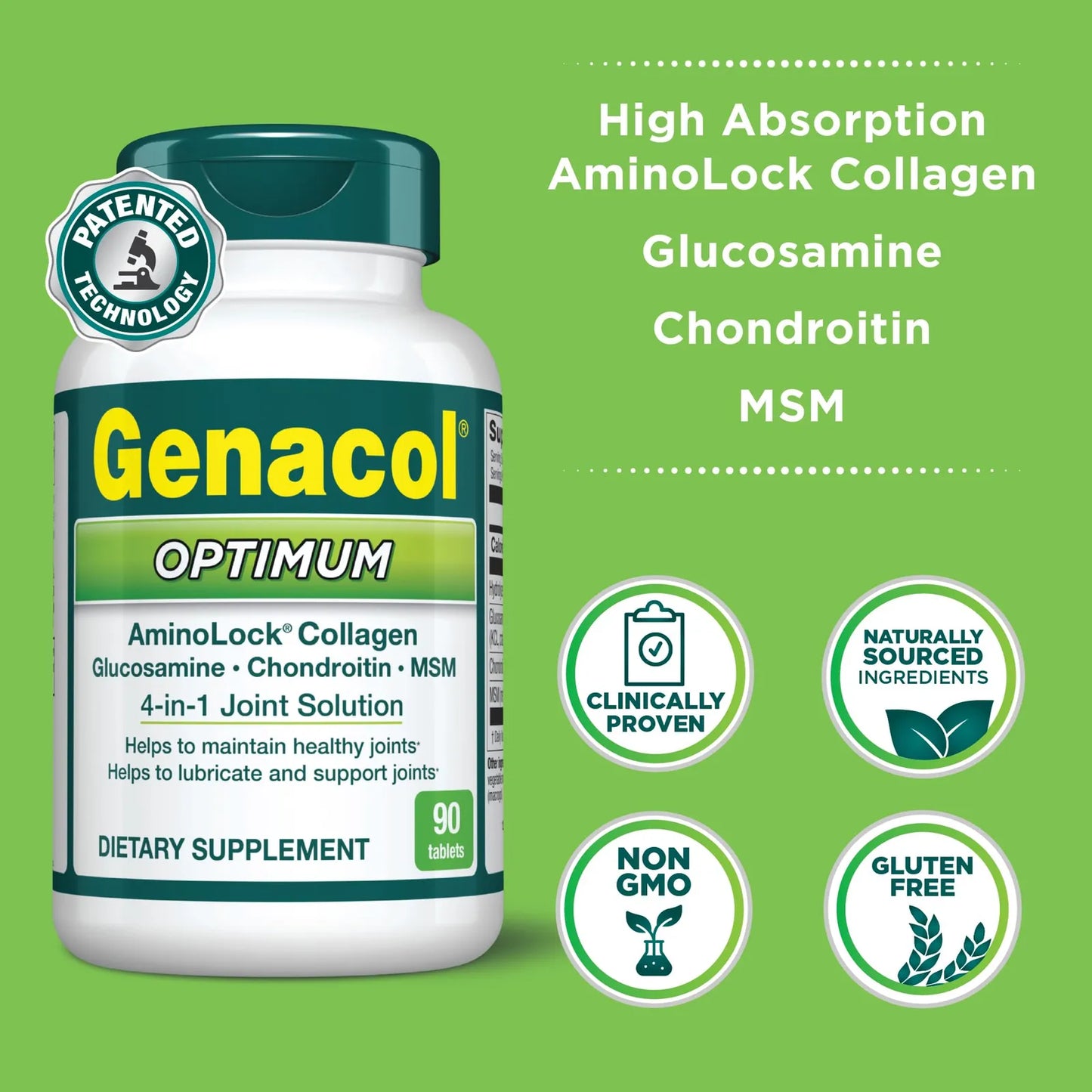 Genacol Optimum Tabletas Glucosamina Condroitina MSM Colageno Ultrahidrolizado 90 Unidades