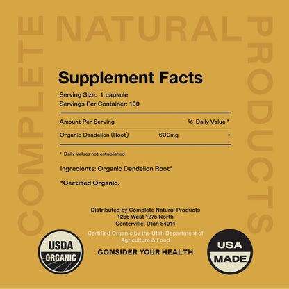 Capsulas De Raiz De Diente De Leon Organica 530 Mg 100 Unidades Suplemento Herbario