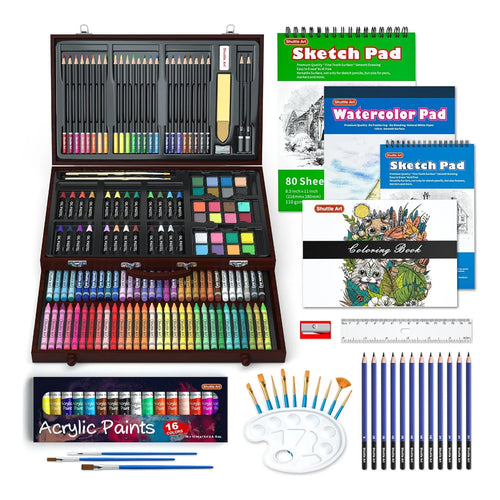Set De Arte Profesional 186 Piezas Estuche De Madera Ideal Para Artistas