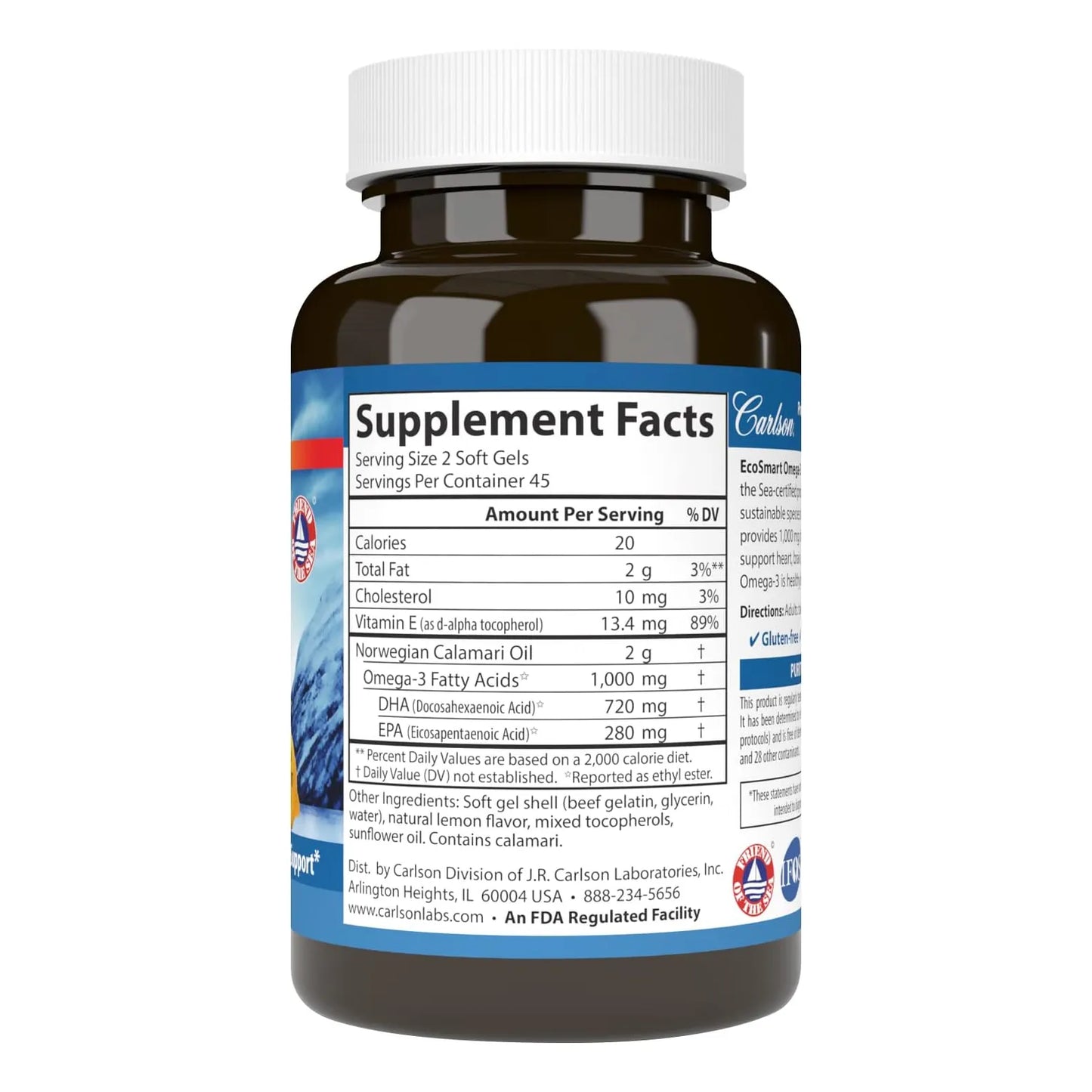 Omega 3 Carlson EcoSmart 90 Cápsulas Sostenible Corazón Cerebro