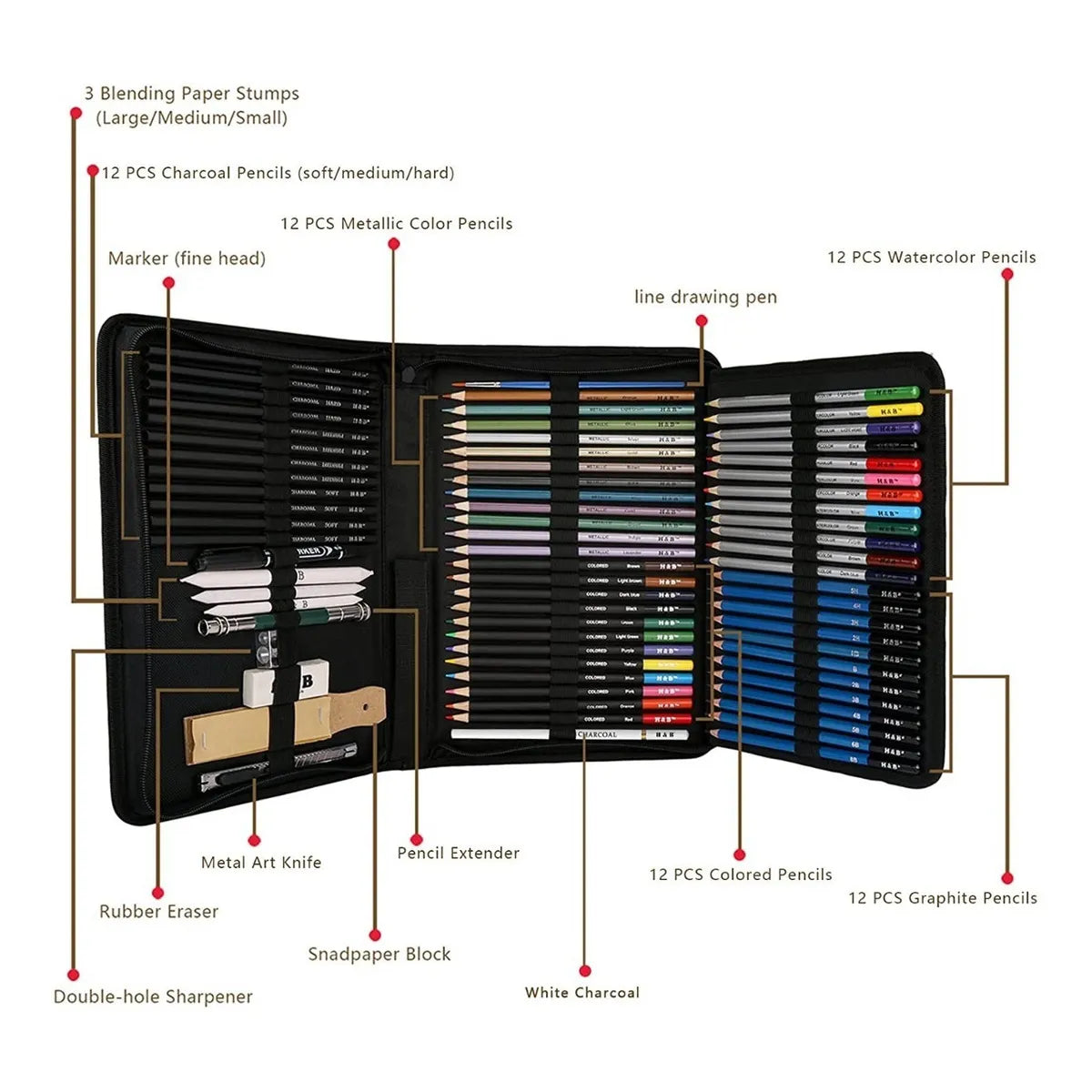 Kit Profesional De Lapices De Dibujo H&B 72 Piezas Incluye Acuarela Carbon Y Boceto