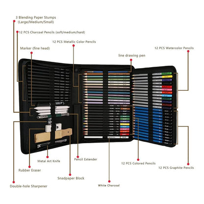 Kit Profesional De Lapices De Dibujo H&B 72 Piezas Incluye Acuarela Carbon Y Boceto