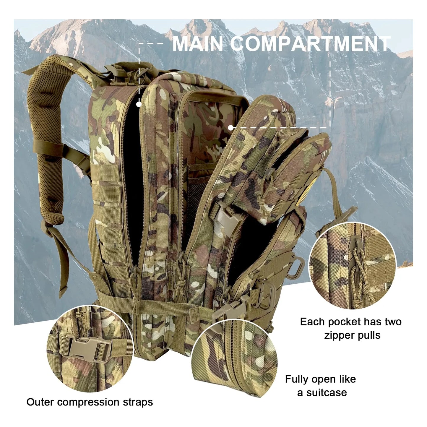 Mochila Tactica Militar Campamento 3 Dias 40L Resistente Agua Sistema Molle