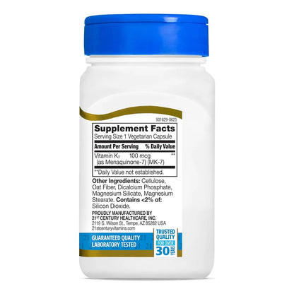 Vitamina K2 Mk7 100 Mg 110 Cápsulas Vegetarianas Huesos Corazón 21st Century